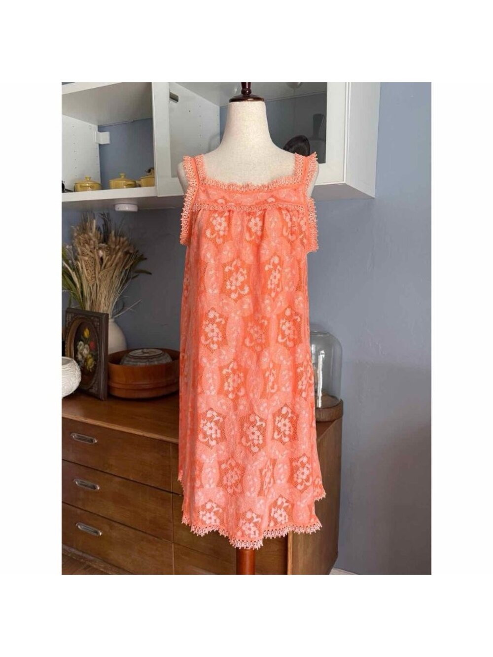 Vintage 70s HANRO Switzerland Nightgown Lace Knit Crochet Sz 40 Retro Boho